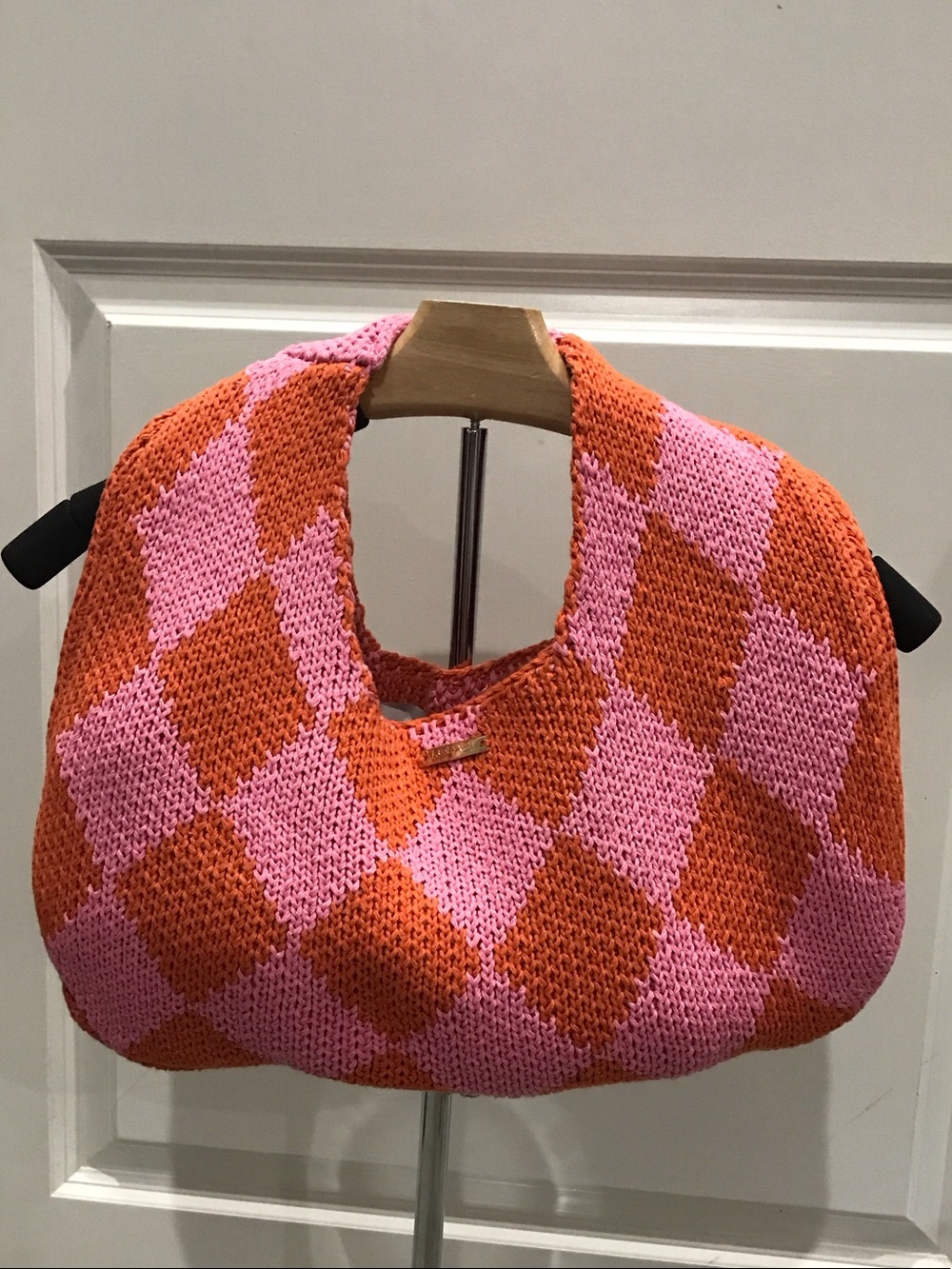 Kopari Pink and Orange Checker Knit Shoulder Bag